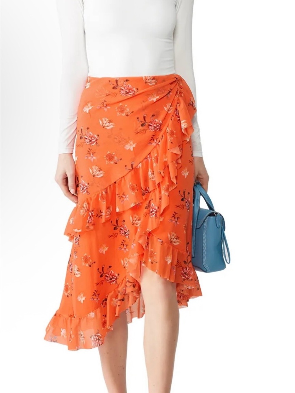 Women's Orange Floral High-Low Ruffle Skirt